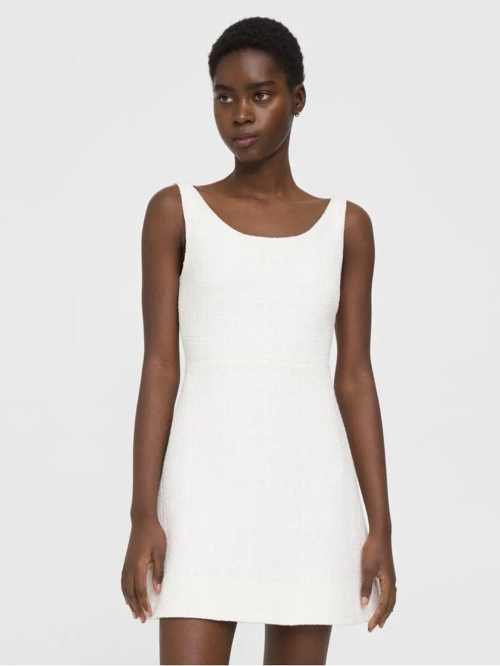 Theory Ballerina Neckline Tweed Mini Dress in Ivory